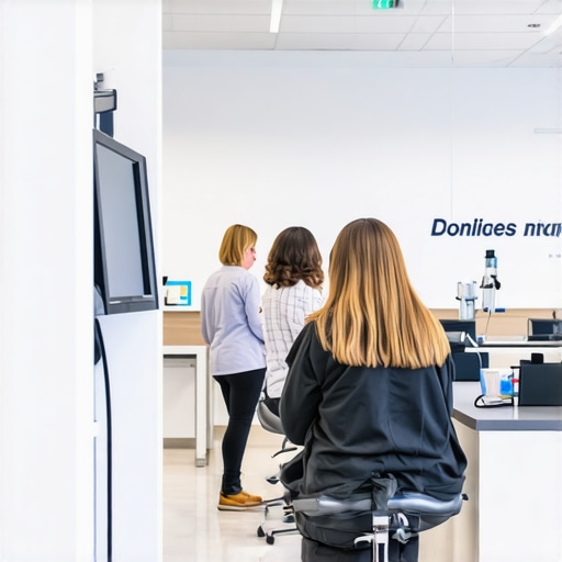 Modern healthcare clinic with technicians performing rapid lab tests and vaccinations.