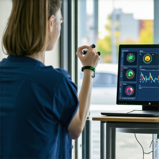 Illustration of telehealth devices, lab testing, and digital health data analysis.