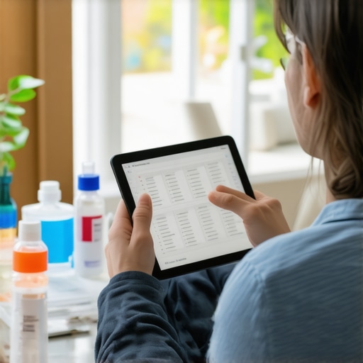 Individual reviewing lab results on digital device in a cozy, modern environment
