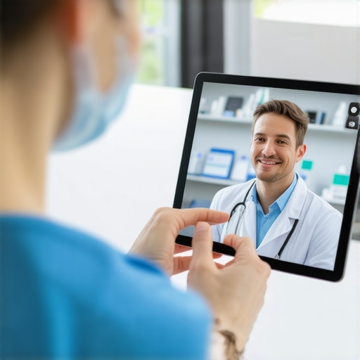 A healthcare professional and patient discussing test results via telehealth on a tablet.