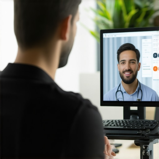 Healthcare professional conducting telehealth consultation using digital devices