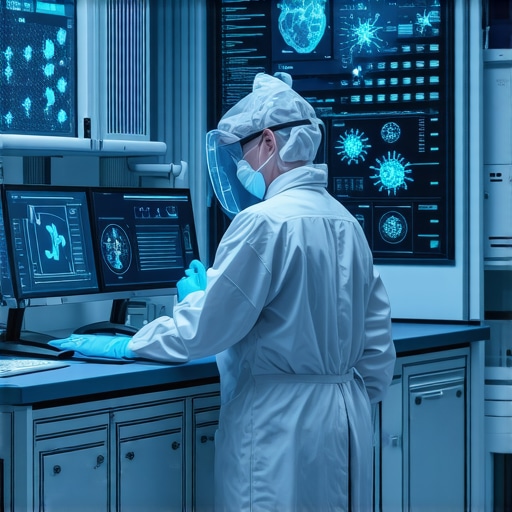 Futuristic medical lab with genetic testing and AI analytics for personalized healthcare.