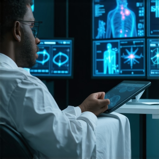 A modern telehealth consultation with wearable health devices and digital health data display.