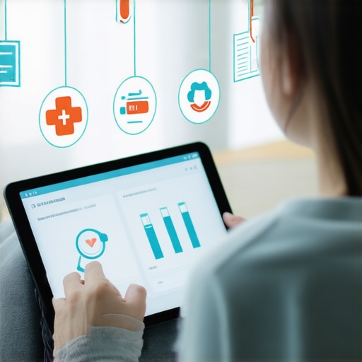 Individual using tablet for telehealth services with medical icons and lab results