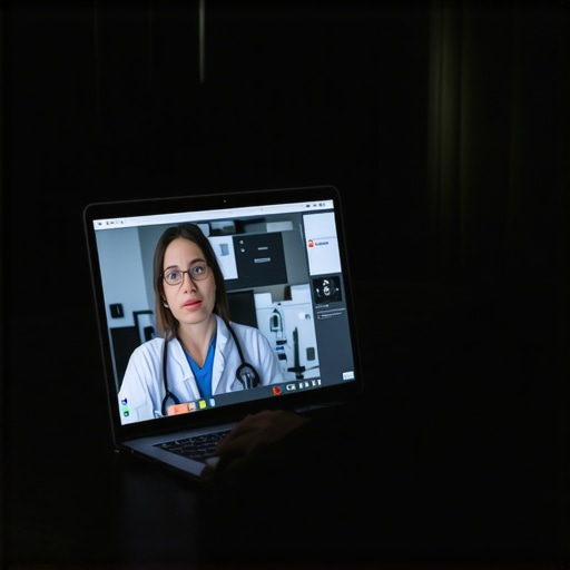 A person engaged in a virtual healthcare session on a laptop with health data overlays