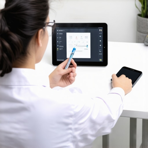 A healthcare professional consulting with a patient via video call about vaccination plans using digital devices
