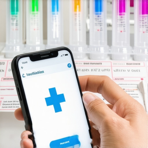 Person managing health records on a smartphone with lab kits and vaccination info