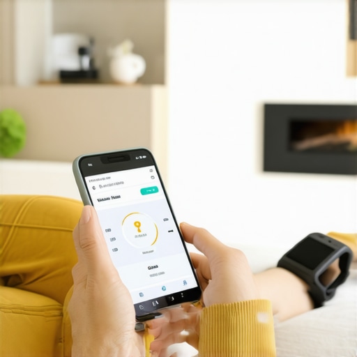 Person reviewing health data on smartphone with wearable device beside them.