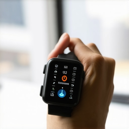 Person wearing a biometric health tracker monitoring wellness metrics.