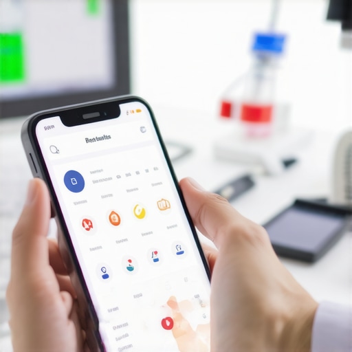 Person viewing health lab results on a smartphone with a laboratory in the background.