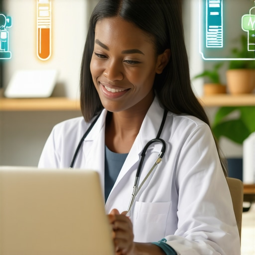 Individual engaging in a virtual healthcare appointment from home with icons symbolizing tests and vaccines.