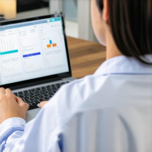 A person engaged in a virtual health consultation, reviewing medical data on a laptop.