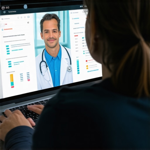 A person engaging in a telehealth appointment on a laptop, reviewing lab results displayed on the screen.