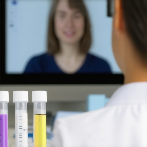 A doctor and patient engaging in a telehealth appointment discussing lab results, with samples and health data visible.