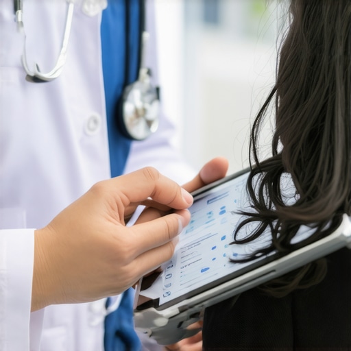 Doctor analyzing health data on tablet with patient