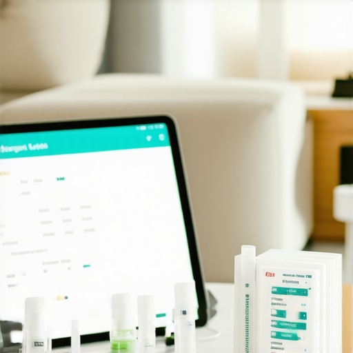 Home workspace with telehealth app on a tablet and lab testing kits