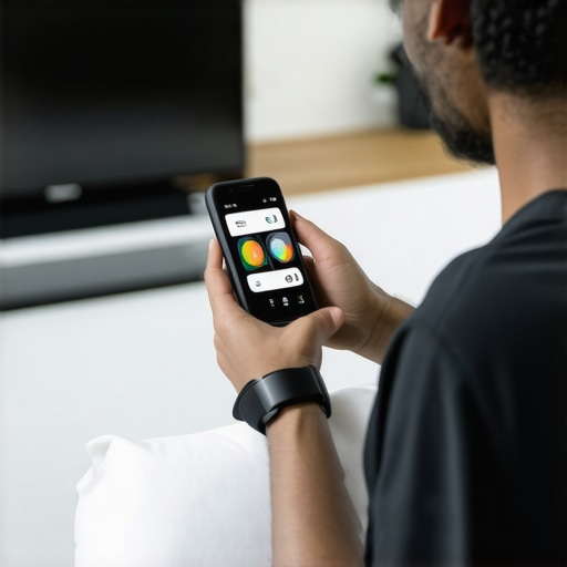 A person managing health data on smartphone and wearable devices at home