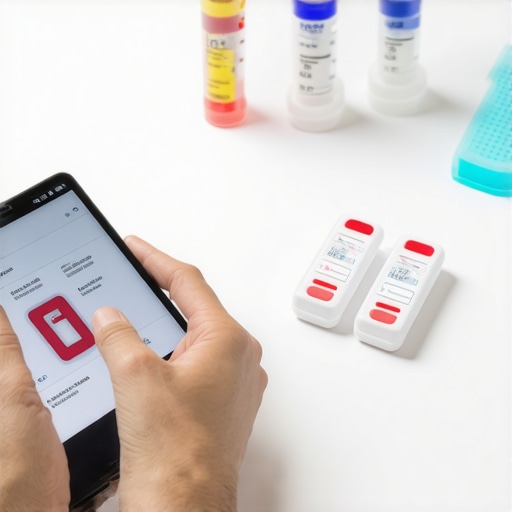 Person managing health with digital apps and at-home testing kits.