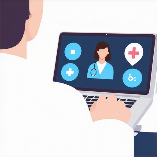 Person having a virtual doctor consultation on a laptop with medical icons surrounding.