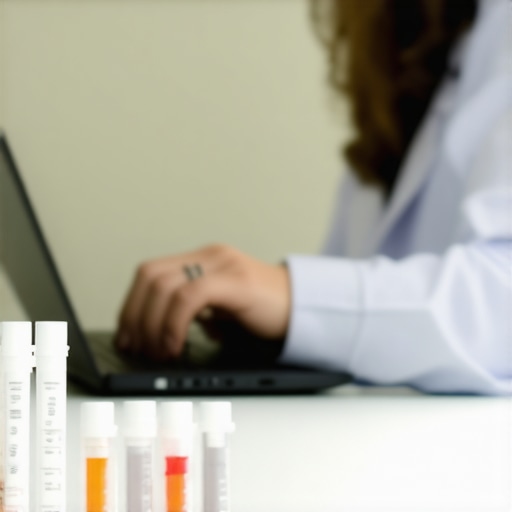 Person conducting a virtual health consultation at home with lab kits and a doctor on screen.