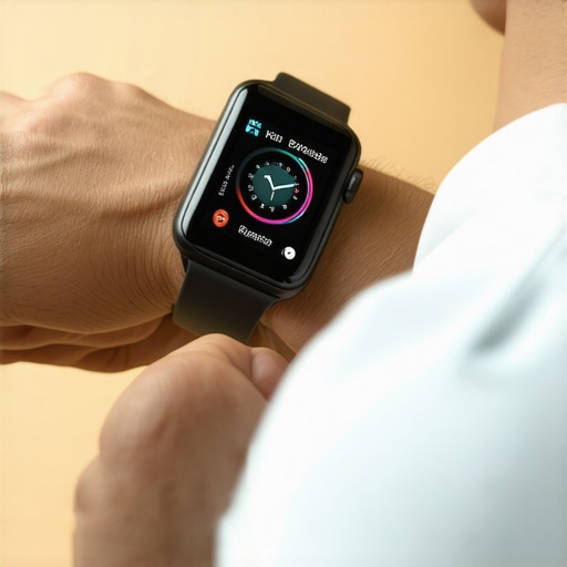 Person checking health data on smartwatch during exercise.