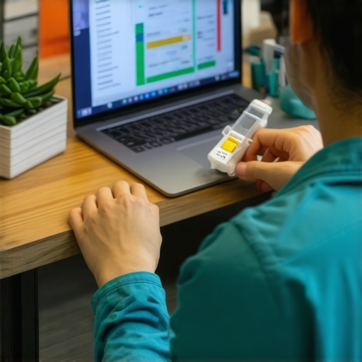 Person performing at-home lab testing while on a video telehealth call to discuss health results.