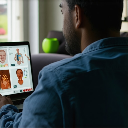 Person consulting with a healthcare provider through telehealth on a laptop in a cozy home setting.