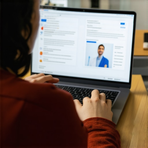 Person engaging in a telehealth appointment on a laptop, with medical documents and lab results visible.