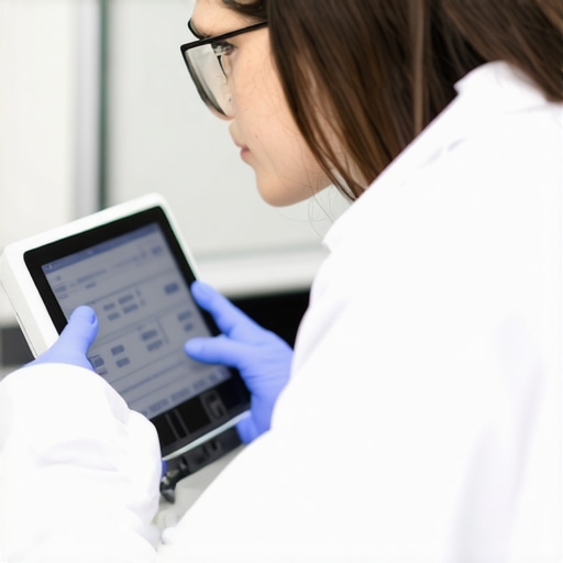 A technician calibrating a medical monitor in a clinical laboratory.