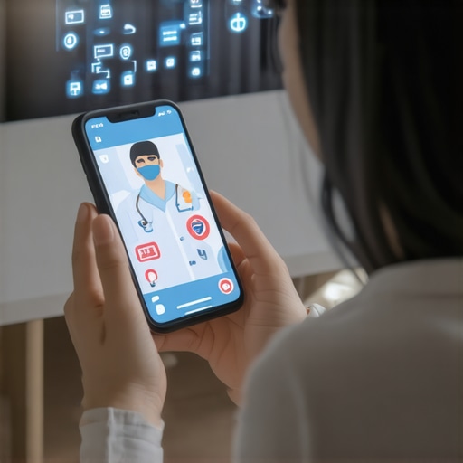 Person engaging in telehealth appointment on smartphone with medical icons around.