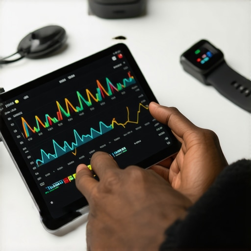 Person managing health data with digital devices and wearable health trackers.