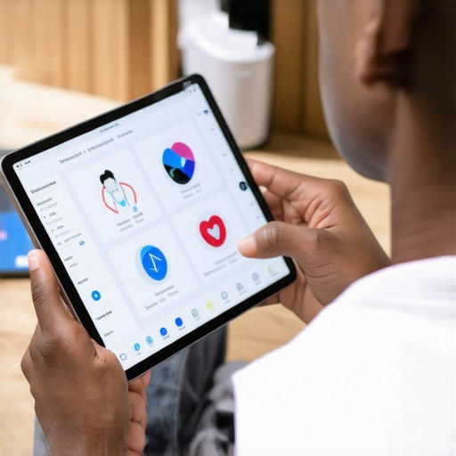 Person analyzing health data on a tablet alongside wearable health devices.