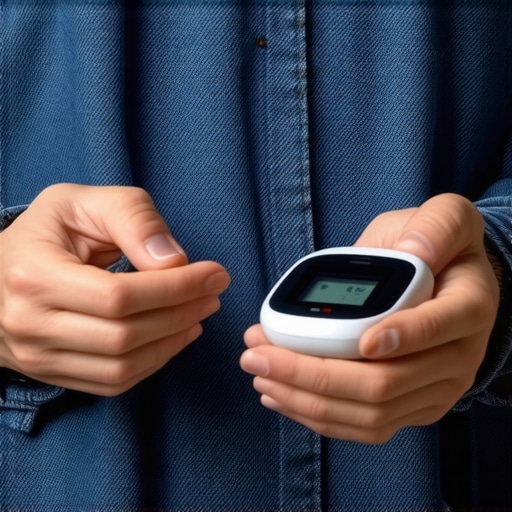 Person testing blood sugar levels with a high-tech device connected to a smartphone
