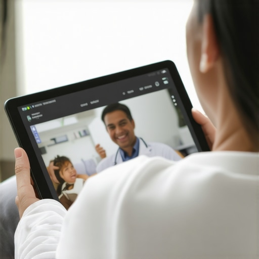 Parent using a tablet for telehealth with vaccination documents on display