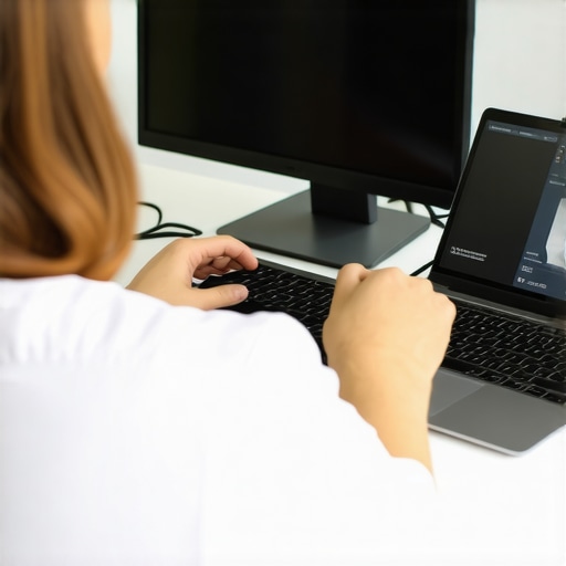 A Well-Equipped Telehealth Setup Person arranging medical devices and a laptop for virtual health consultation.