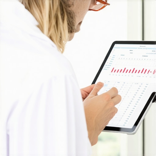 Healthcare professional analyzing detailed blood test data on a tablet