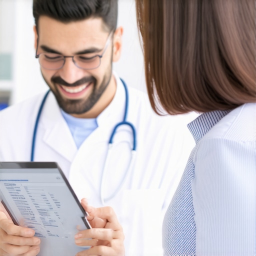 Doctor analyzing blood test results on a tablet in a clinical setting.