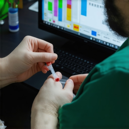 Person collecting blood sample at home with a telehealth platform on a tablet