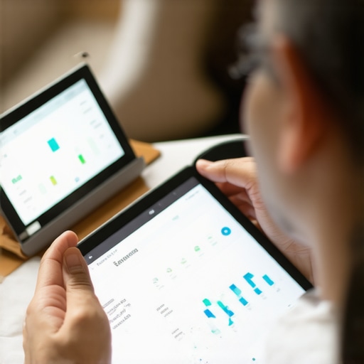 Digital Health Monitoring in Action Person checking wearable device and health data on tablet for wellness tracking.