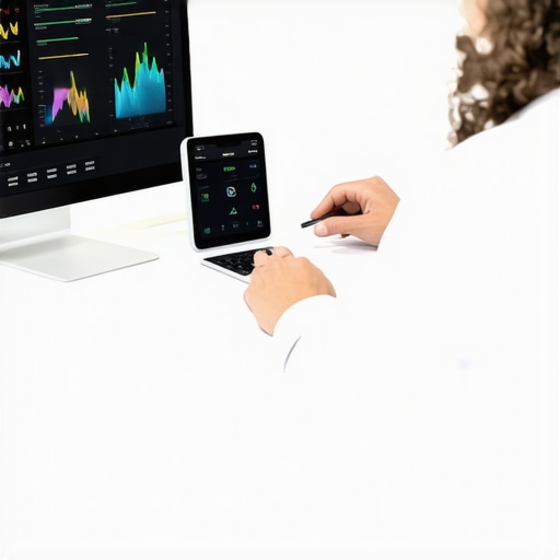 A person reviewing health data on a tablet with lab results and telehealth options displayed