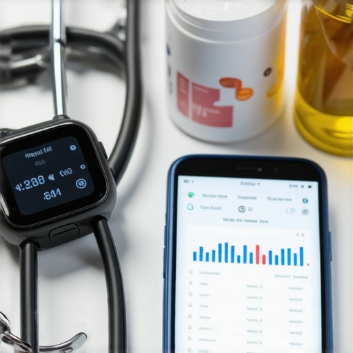 Digital health devices for wellness A person reviewing health data on a smartphone with wearable fitness tracker nearby.