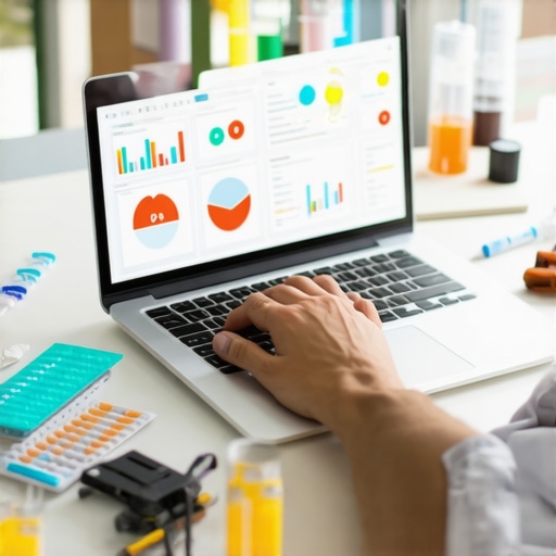 Digital health management environment Person managing health records on a laptop with medical icons around