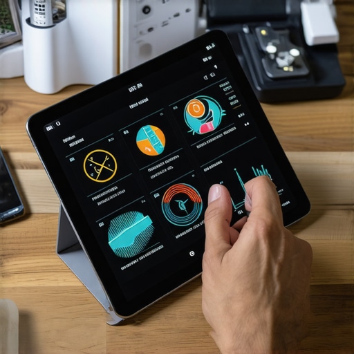 Digital health management setup Individual reviewing health metrics on a tablet alongside wearable devices and home testing kits.