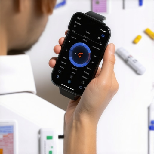 Person wearing a fitness tracker reviewing health data on a smartphone