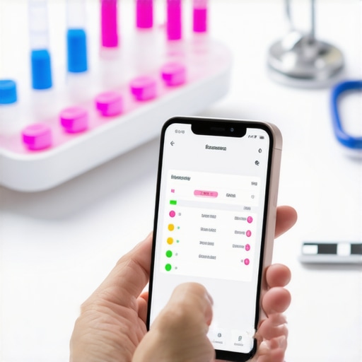 Person using a smartphone app for health monitoring with lab kits and virtual doctor consultation.