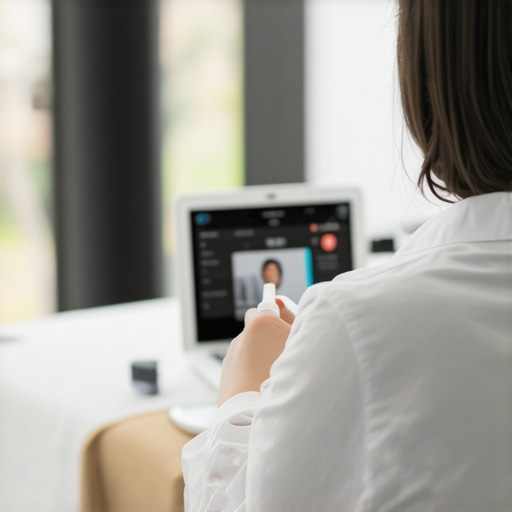 Home blood testing and telehealth consultation Person collecting blood sample at home while consulting with a healthcare provider via laptop