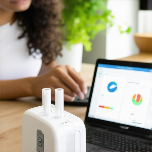 Home health testing and digital health management Person reviewing lab test results on a laptop with health tracking devices nearby.