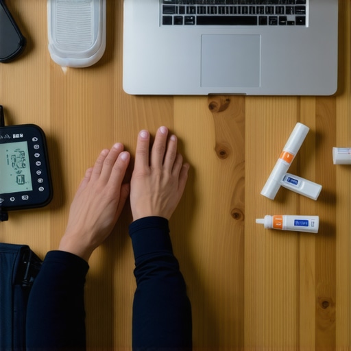 Home wellness tools for proactive health management Person recording blood pressure readings using a digital monitor surrounded by test kits and a laptop