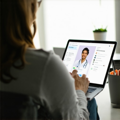 Managing Digital Health Records Person organizing health documents and booking a virtual consultation on a laptop.