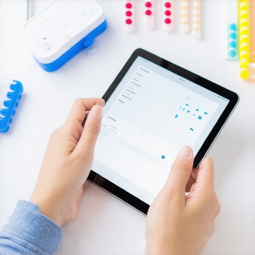 Modern Wellness Tools in Action Person monitoring health using a tablet with lab testing equipment around.